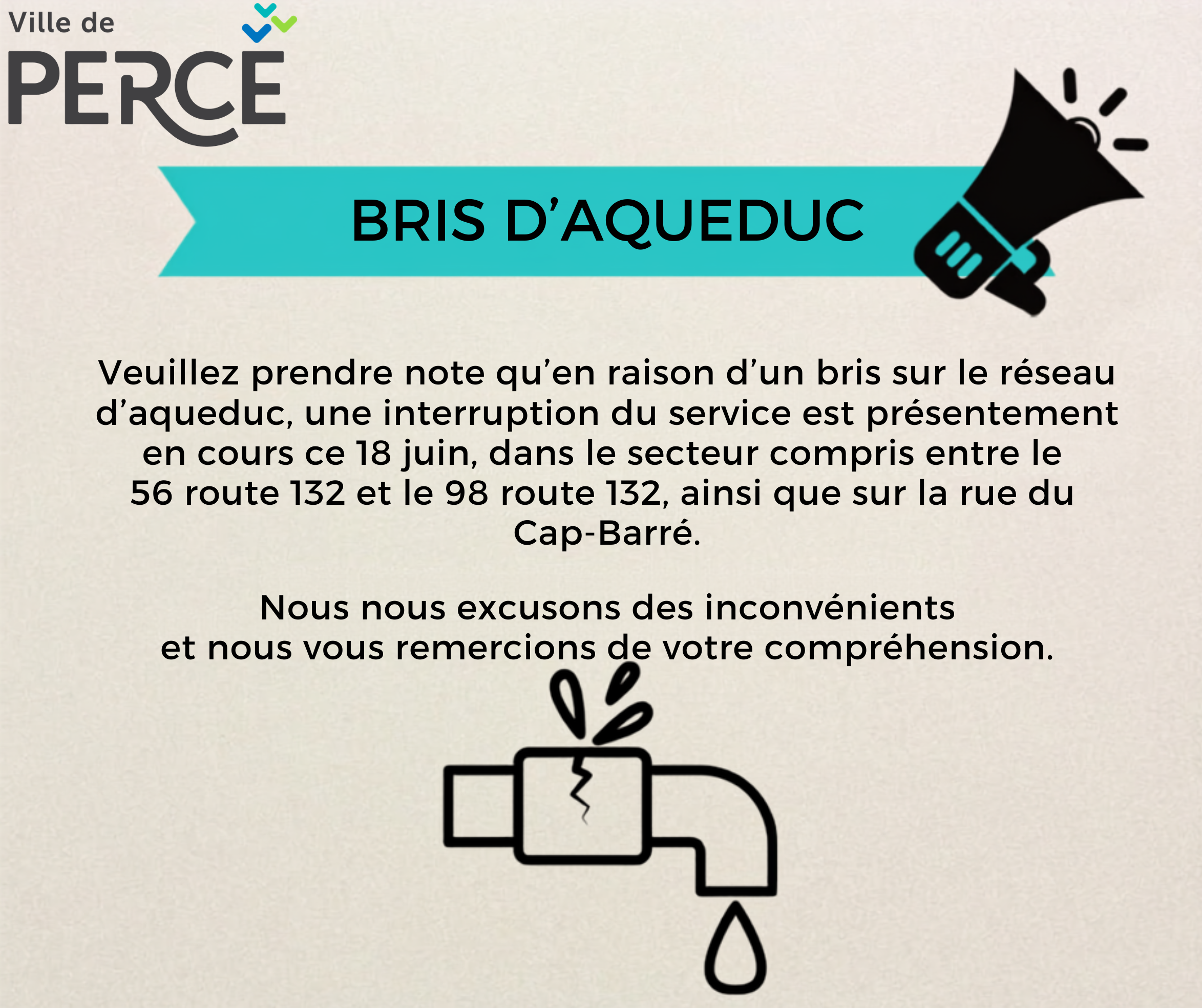 AVIS – BRIS D’AQUEDUC – 18 JUIN 2026