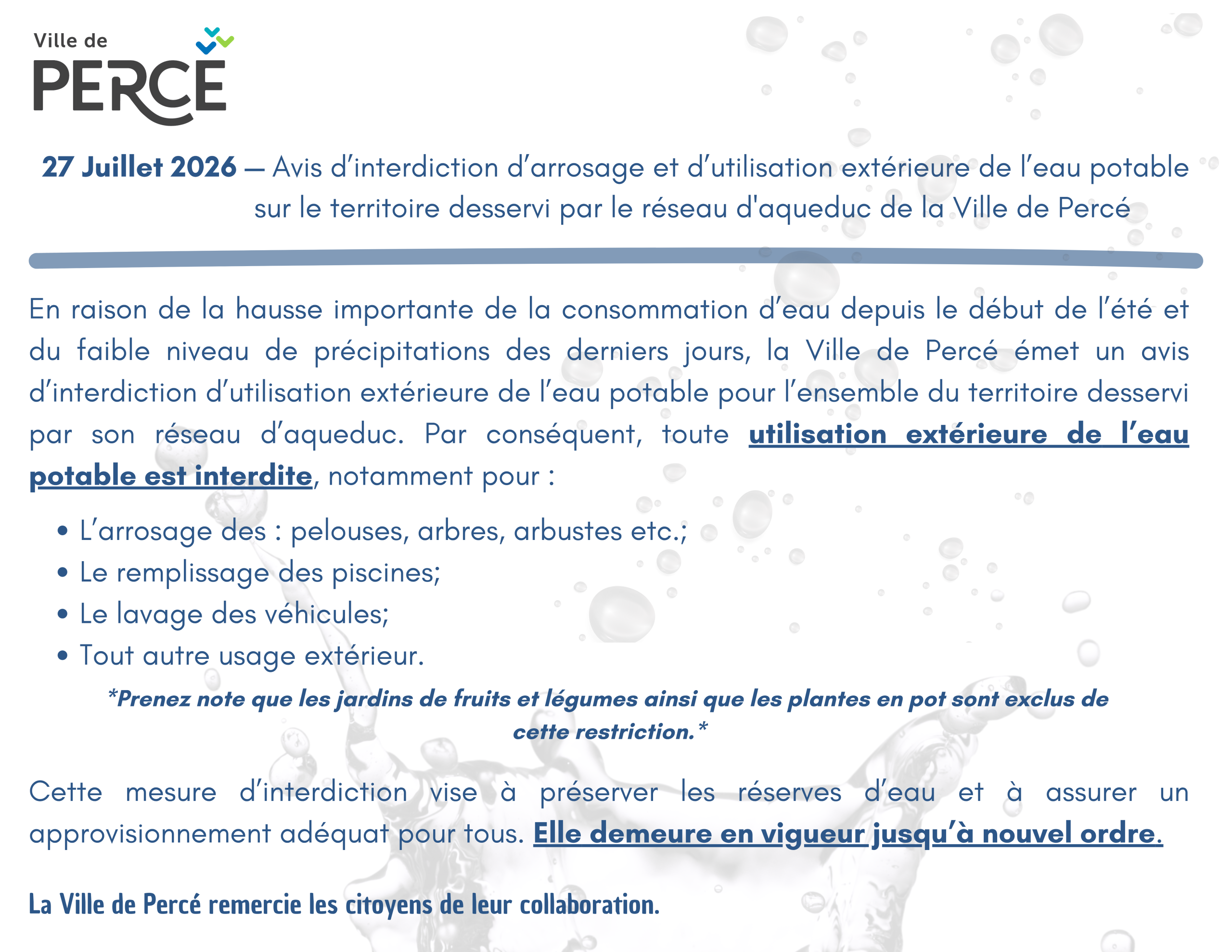 Avis — Restriction de l’utilisation extérieure de l’eau potable