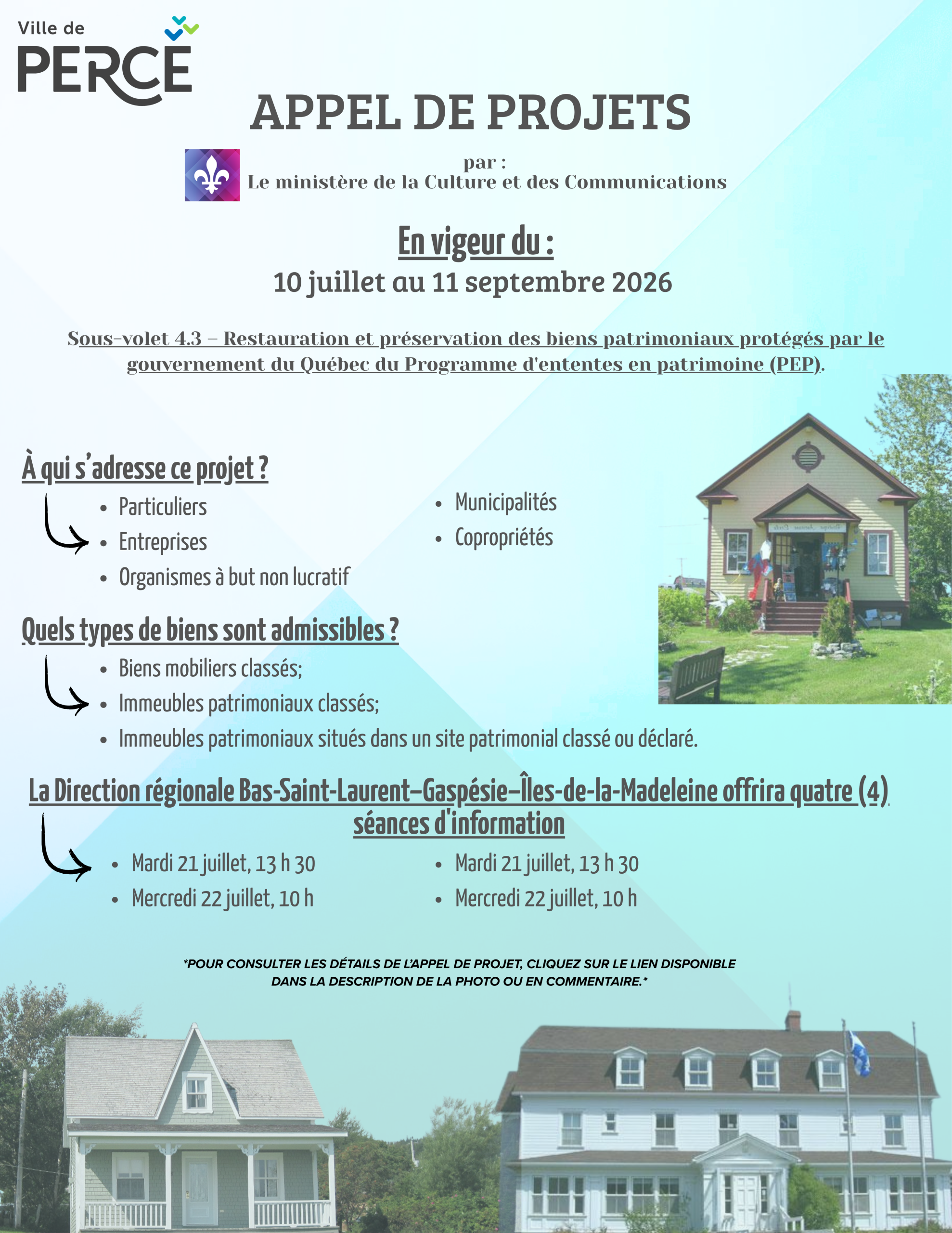 Appel de projets – Restauration et préservation des biens patrimoniaux protégés par le gouvernement du Québec