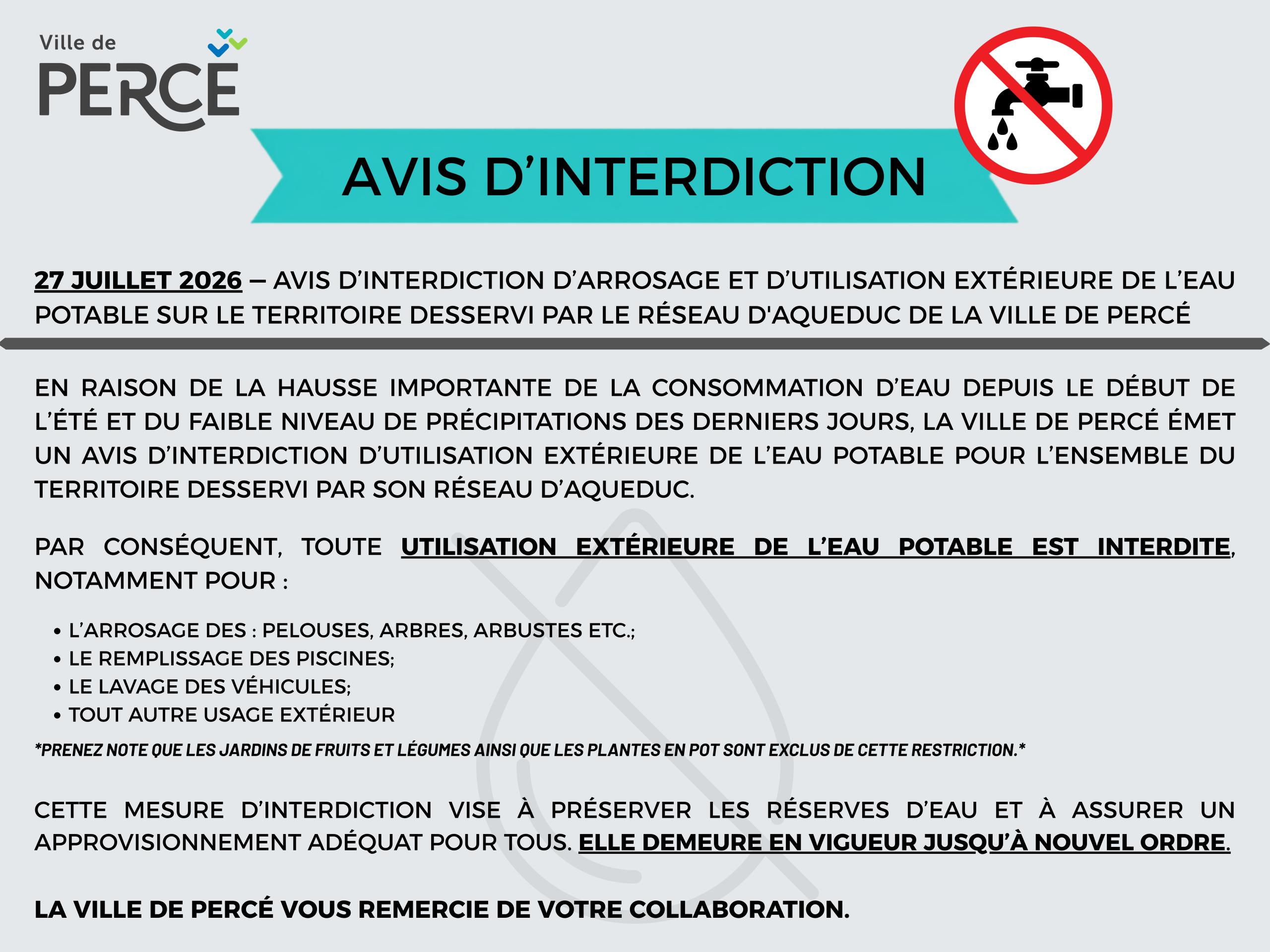 Avis — Restriction de l’utilisation extérieure de l’eau potable