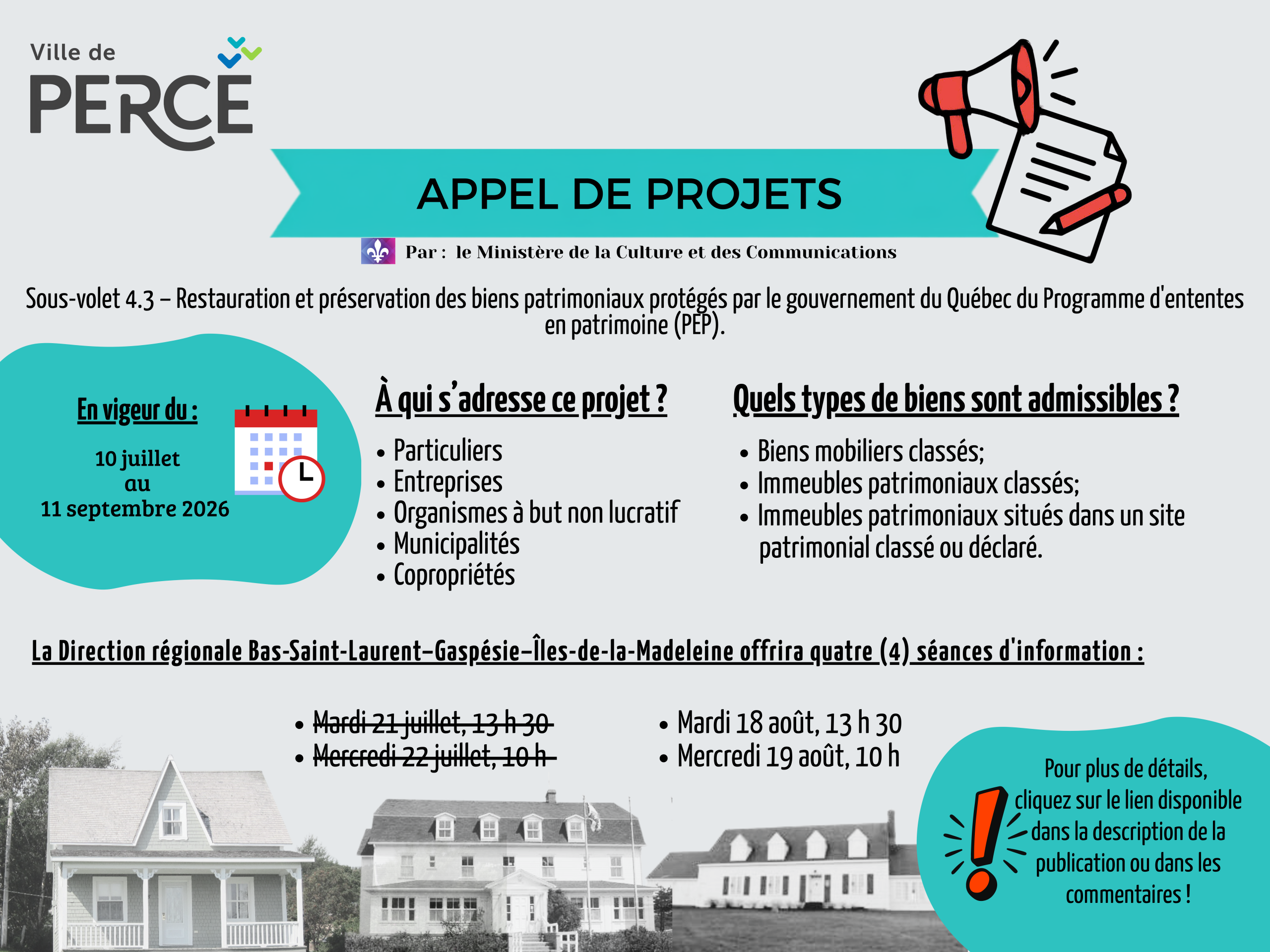Appel de projets – Restauration et préservation des biens patrimoniaux protégés par le gouvernement du Québec